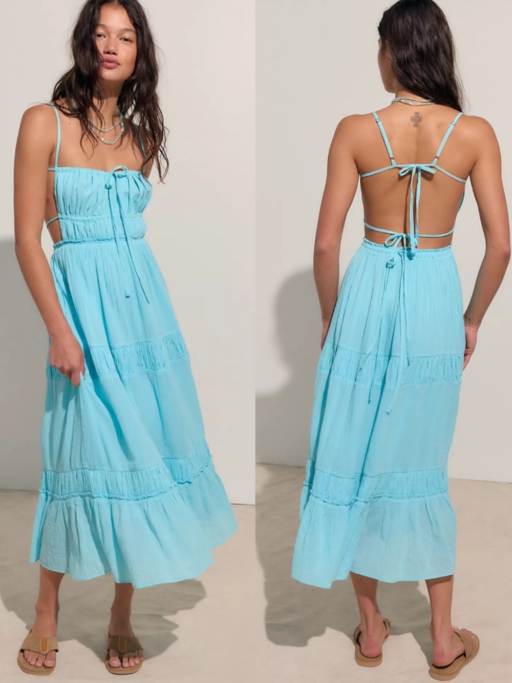 NEW FREE PEOPLE Turquoise AQUA Taking Sides TIERED Cotton OPEN BACK Maxi DRESS L - Picture 2 of 16